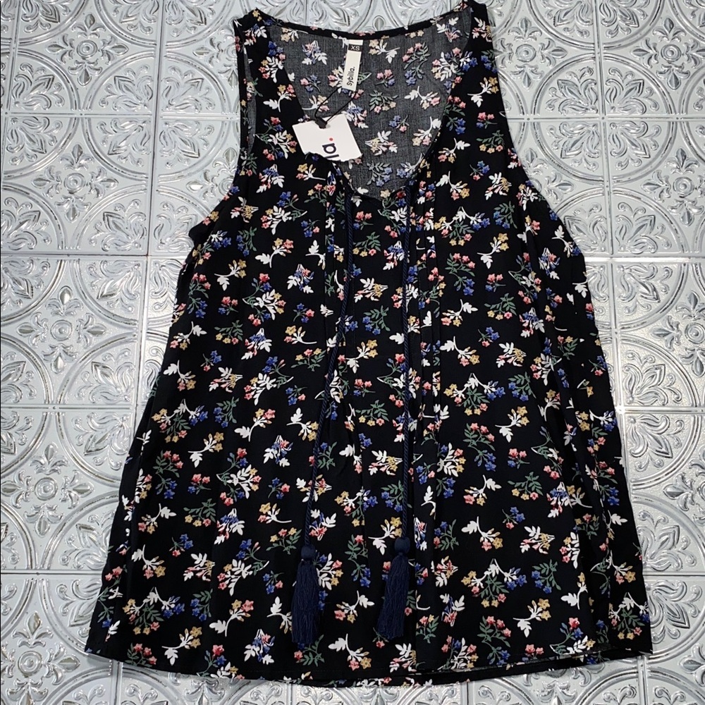 Sybilla Black Floral Sleeveless Blouse XS Cottagecore Boho Tie Front Top